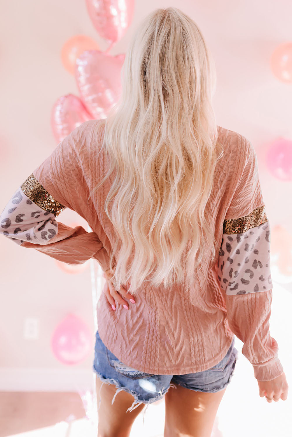 Pink Leopard Sequin Splicing Sleeves Textured Knit Top - Premium Tops from Momma Done Gone Crafty- Just $36.90! Shop now at Momma Done Gone Crafty
