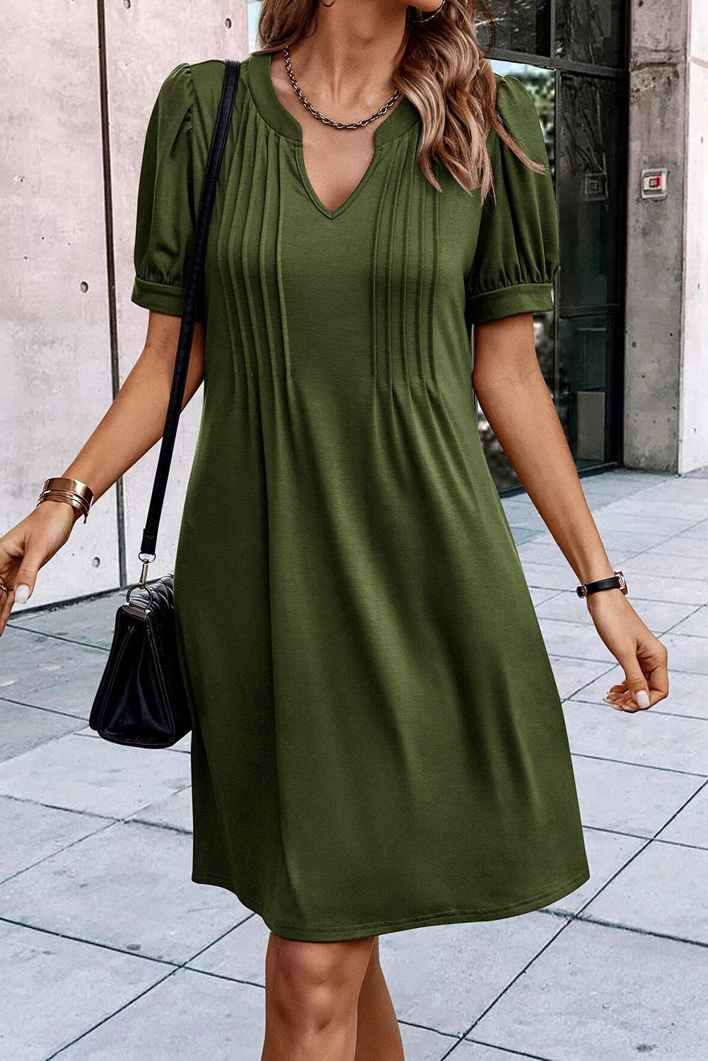 Fern Green Notched Neck Pleated Puff Sleeve Shift T-shirt Dress - Premium Dresses/T Shirt Dresses from Ashes 2 Wildflowers Boutique, LLC- Just $18.03! Shop now at Ashes 2 Wildflowers Boutique, LLC