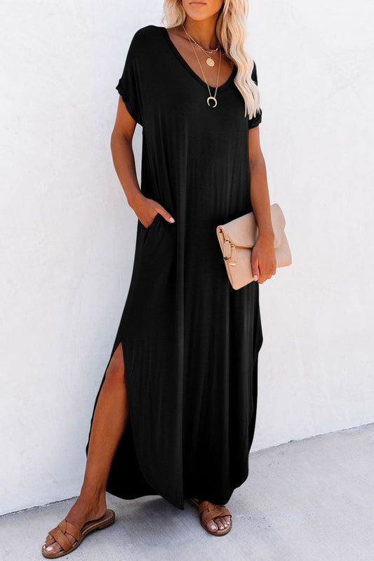 Black V Neck Hidden Pocket Splits Maxi T-shirt Dress - Premium Dresses/T Shirt Dresses from Ashes 2 Wildflowers Boutique, LLC- Just $21! Shop now at Ashes 2 Wildflowers Boutique, LLC