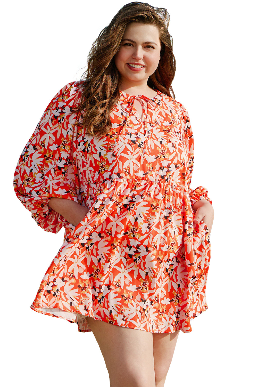 Orange Floral Print Split V Neck Bubble Sleeve Plus Size Midi Dress - Premium Plus Size/Plus Size Dresses/Plus Size Midi Dresses from Momma Done Gone Crafty- Just $38.70! Shop now at Momma Done Gone Crafty