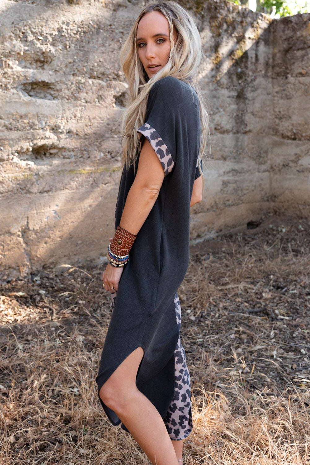 Black Contrast Solid Leopard Short Sleeve T-shirt Dress with Slits - Premium Dresses from Momma Done Gone Crafty- Just $24! Shop now at Momma Done Gone Crafty