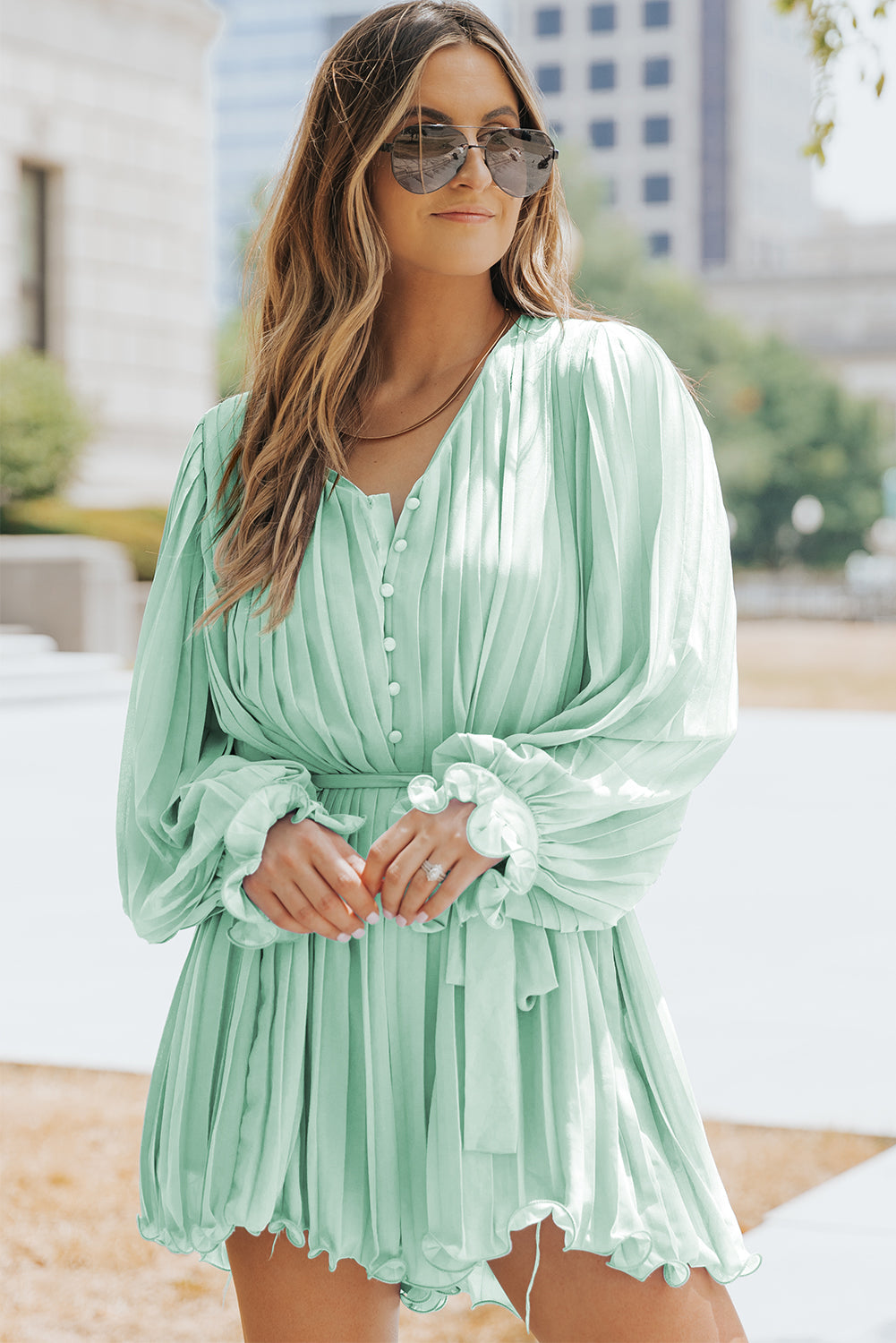 Green Pleated Ruffled Tie Waist Buttons V Neck Romper - Premium Bottoms from Momma Done Gone Crafty- Just $58.99! Shop now at Momma Done Gone Crafty