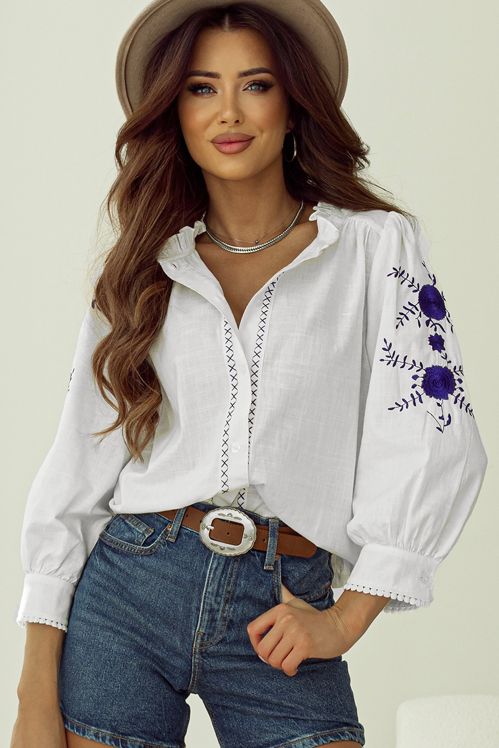 White Floral Embroidered Bracelet Sleeve Shirt - Premium Tops/Blouses & Shirts from Ashes 2 Wildflowers Boutique, LLC- Just $26.80! Shop now at Ashes 2 Wildflowers Boutique, LLC