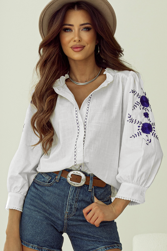 White Floral Embroidered Bracelet Sleeve Shirt - Premium Tops/Blouses & Shirts from Ashes 2 Wildflowers Boutique, LLC- Just $26.80! Shop now at Ashes 2 Wildflowers Boutique, LLC