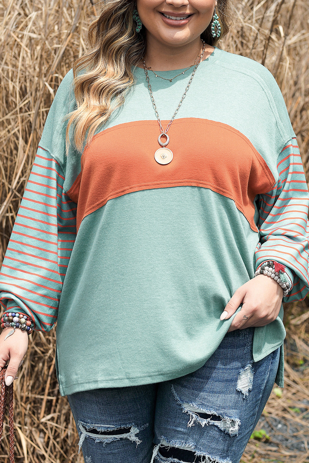 Green Plus Size Striped Long Sleeve Colorblock Tee with Slits - Premium Plus Size from Momma Done Gone Crafty- Just $35.99! Shop now at Momma Done Gone Crafty