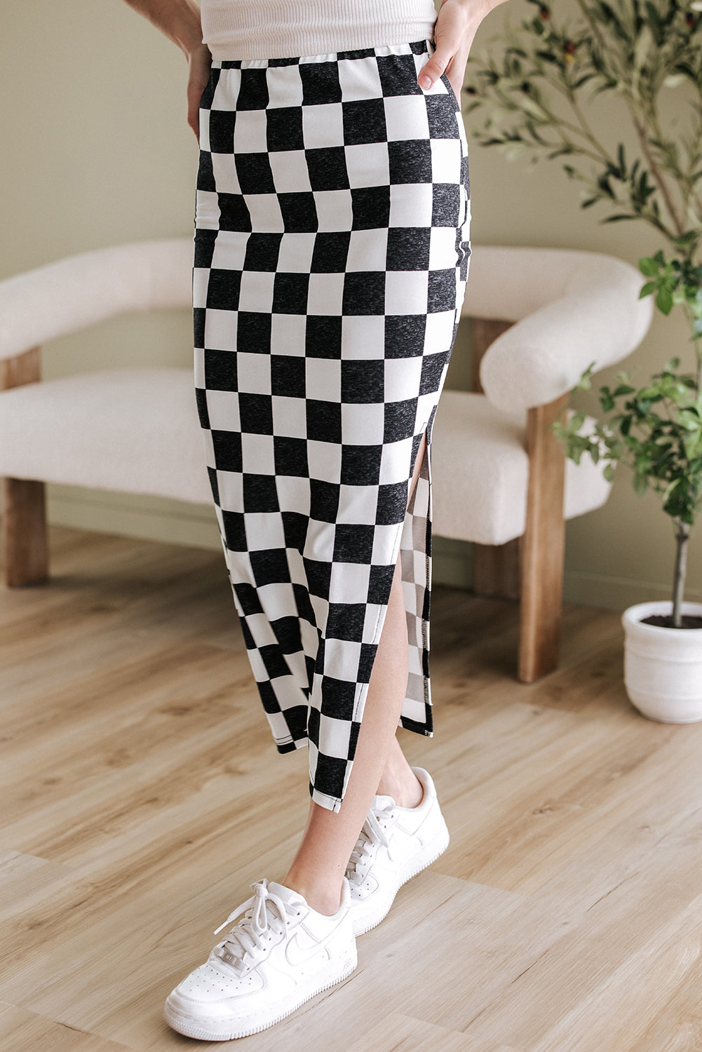 White Checkered Print Side Slit High Waist Midi Skirt - Premium Bottoms/Skirts & Petticoat from Ashes 2 Wildflowers Boutique, LLC- Just $9.60! Shop now at Ashes 2 Wildflowers Boutique, LLC