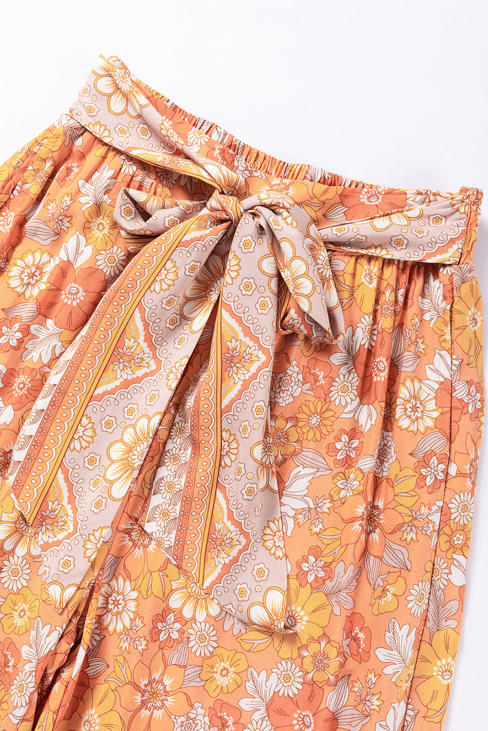 Grapefruit Orange Tie Waist Boho Floral Wide Leg Pants - Premium Bottoms from Momma Done Gone Crafty- Just $36.27! Shop now at Momma Done Gone Crafty