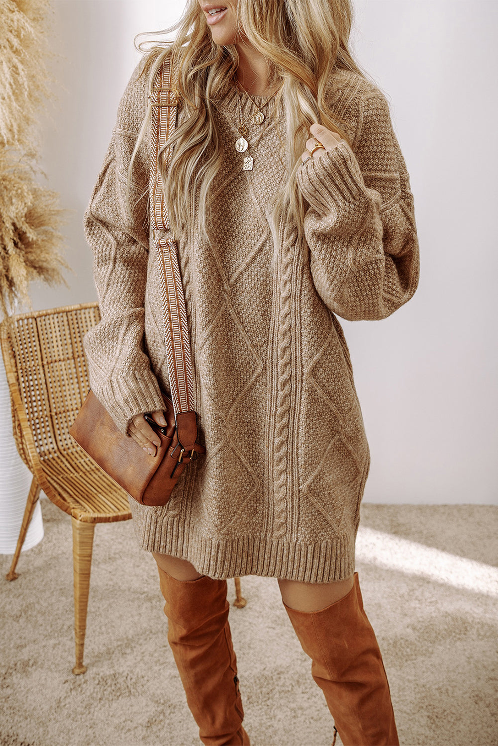 Parchment Cable Knit Drop Shoulder Loose Fit Sweater Dress - Premium Sweaters & Cardigans/Sweater Dresses from Momma Done Gone Crafty- Just $35.85! Shop now at Momma Done Gone Crafty