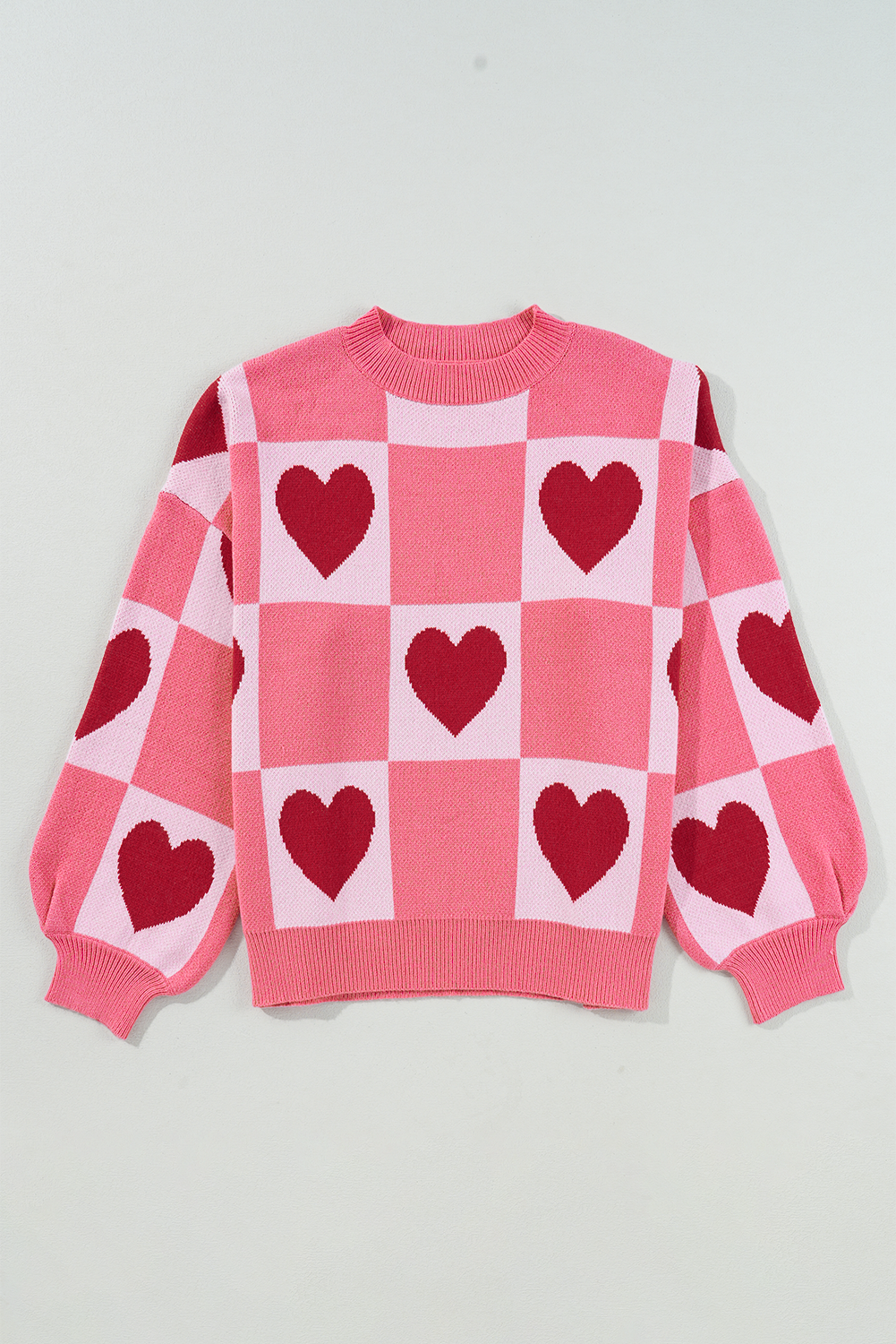 Pink Plus Size Love Heart Block Mock Neck Lantern Sleeve Valentine Sweater - Premium Plus Size/Plus Size Sweaters & Cardigans from Momma Done Gone Crafty- Just $33! Shop now at Momma Done Gone Crafty