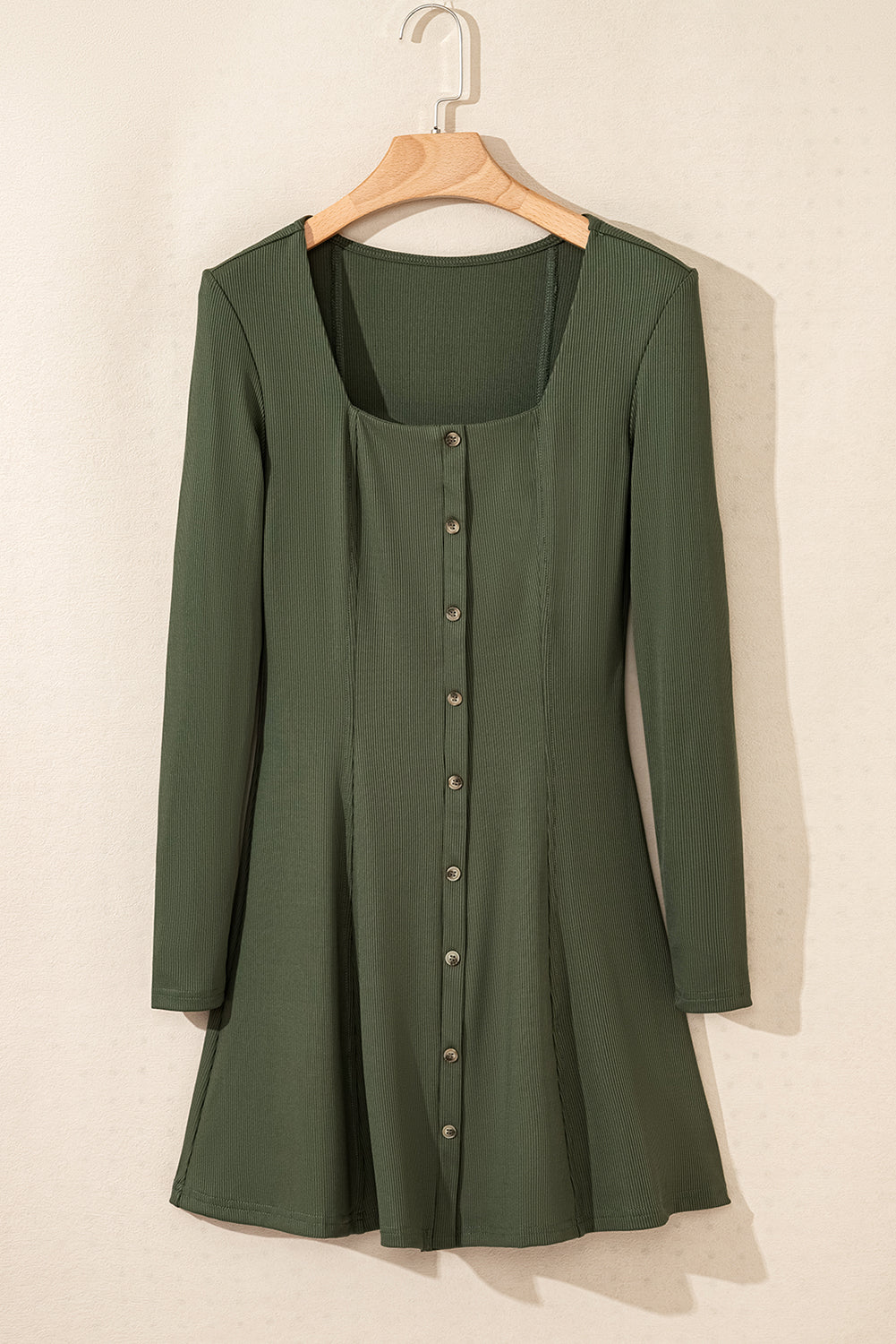 Guacamole Green Rib Knit Square Neck Buttoned Long Sleeve Mini Dress - Premium Dresses/Mini Dresses from Momma Done Gone Crafty- Just $28.99! Shop now at Momma Done Gone Crafty