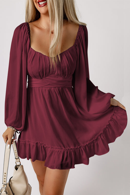 Fiery Red Plain Ruffled High Waist Square Neck Mini Dress - Premium Dresses/Mini Dresses from Momma Done Gone Crafty- Just $35.34! Shop now at Momma Done Gone Crafty