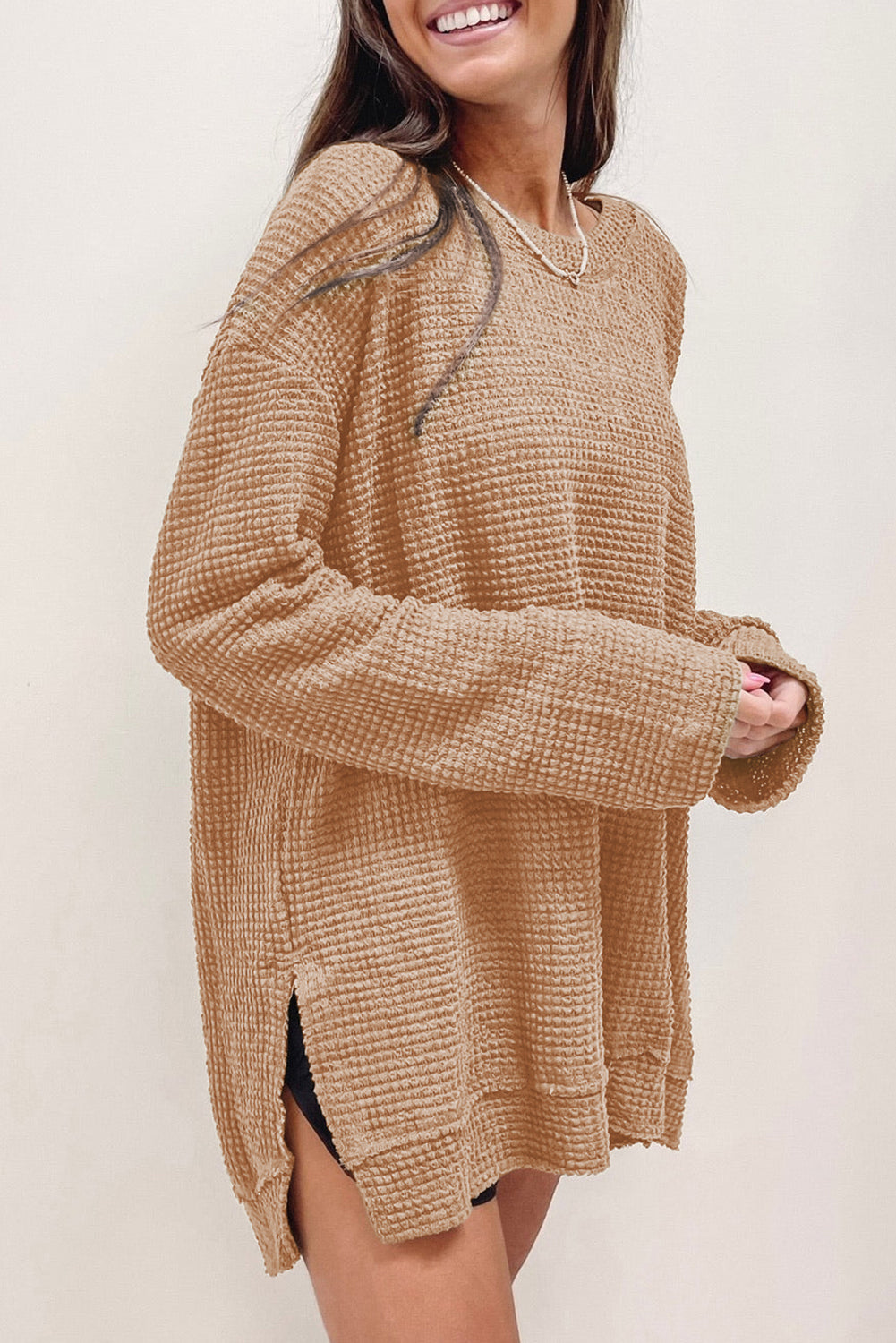 Khaki Waffle Knit High Slits Oversized Top - Premium Tops from Momma Done Gone Crafty- Just $32.97! Shop now at Momma Done Gone Crafty