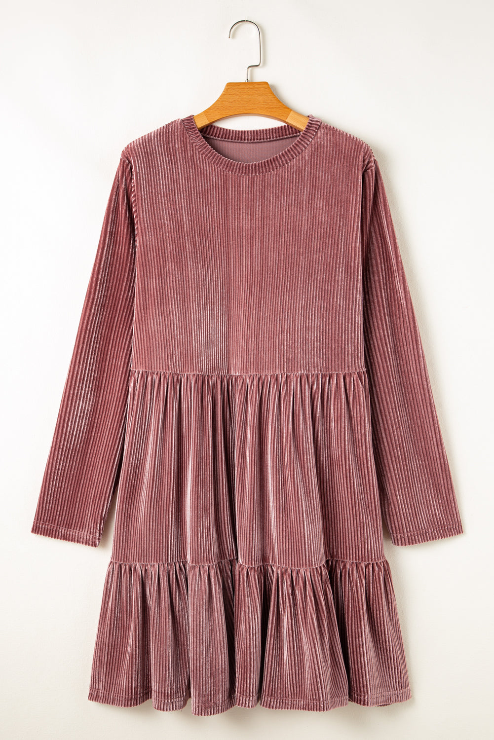 Apricot Pink Plus Size Velvet Ribbed Knit Tiered Ruffled Mini Dress - Premium Plus Size/Plus Size Dresses/Plus Size Mini Dresses from Momma Done Gone Crafty- Just $30.90! Shop now at Momma Done Gone Crafty