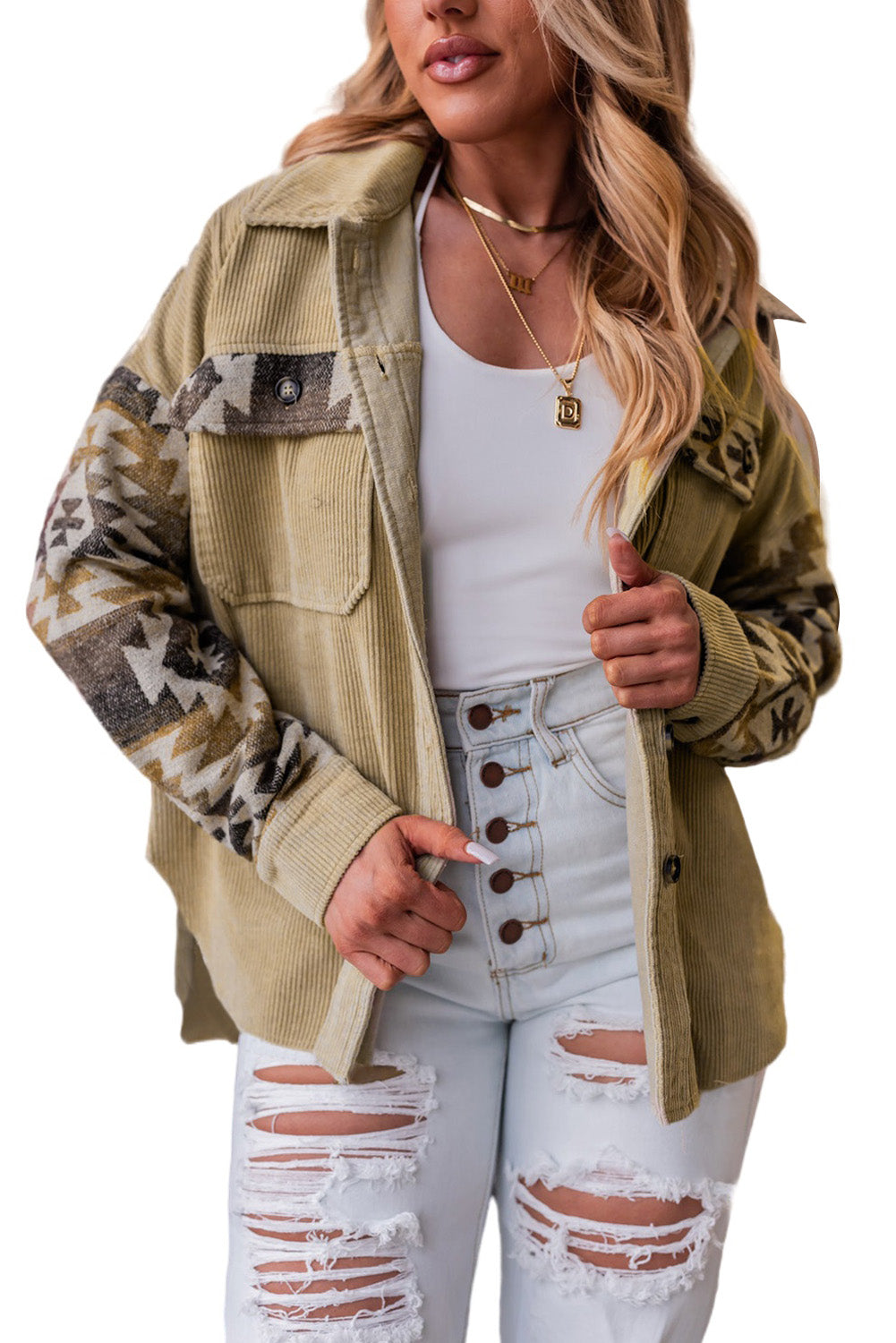 Khaki Aztec Print Patchwork Frayed Edge Corduroy Jacket - Premium Outerwear from Momma Done Gone Crafty- Just $62.70! Shop now at Momma Done Gone Crafty