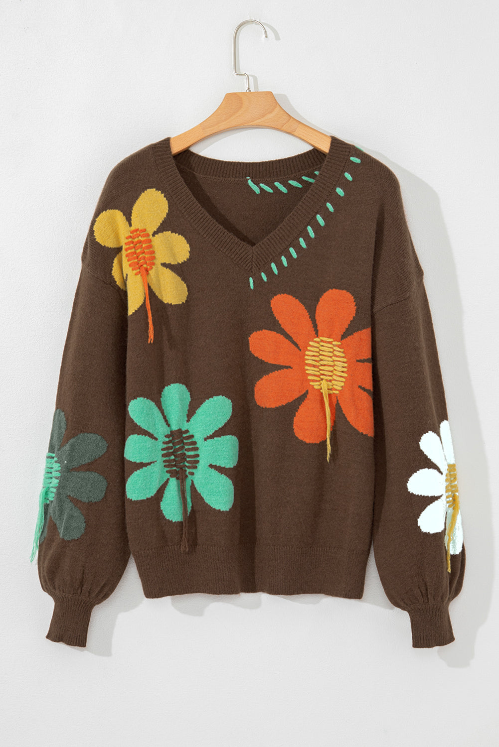 Coffee Big Flower Pattern V Neck Drop Shoulder Sweater - Premium Sweaters & Cardigans/Sweaters from Ashes 2 Wildflowers Boutique, LLC- Just $39.28! Shop now at Ashes 2 Wildflowers Boutique, LLC