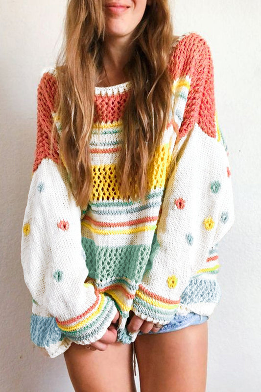 Multicolor Hollow Striped Knit Contrast Sleeve Sweater - Premium Tops from Momma Done Gone Crafty- Just $39.90! Shop now at Momma Done Gone Crafty