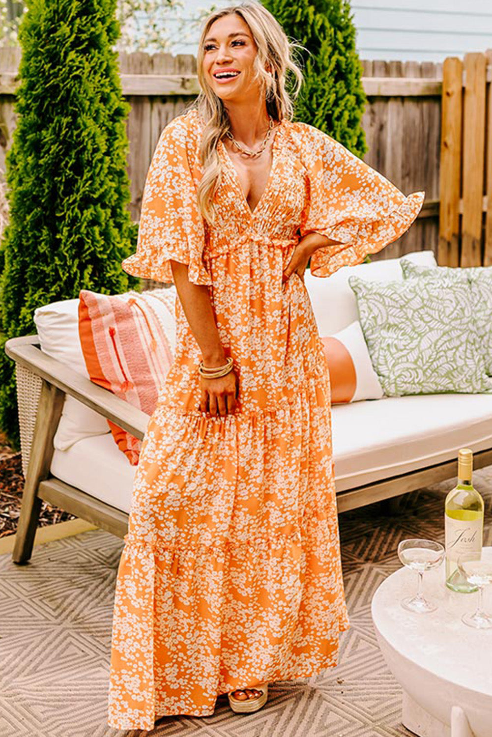 Orange Floral Print Smocked V Neck Wide Sleeve Maxi Dress - Premium Dresses/Floral Dresses from Momma Done Gone Crafty- Just $55.99! Shop now at Momma Done Gone Crafty