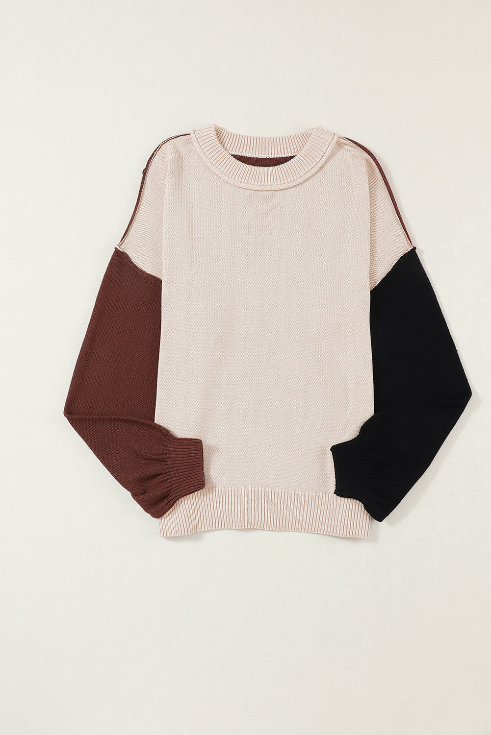 Coffee Colorblock Bishop Sleeve Ribbed Trim Sweater - Premium Tops from Momma Done Gone Crafty- Just $41.55! Shop now at Momma Done Gone Crafty