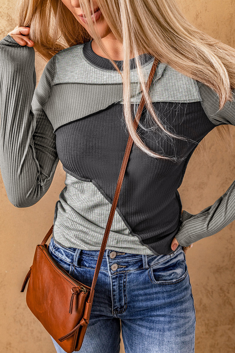 Gray Expose Seam Color Block Ribbed Knit Top - Premium Tops from Momma Done Gone Crafty- Just $44.10! Shop now at Momma Done Gone Crafty