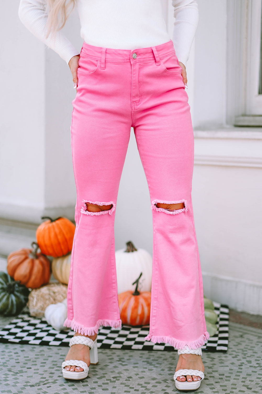 Pink Vintage High Waist Flare Leg Ripped Raw Hem Jeans - Premium Bottoms/Jeans from Ashes 2 Wildflowers Boutique, LLC- Just $35.40! Shop now at Ashes 2 Wildflowers Boutique, LLC