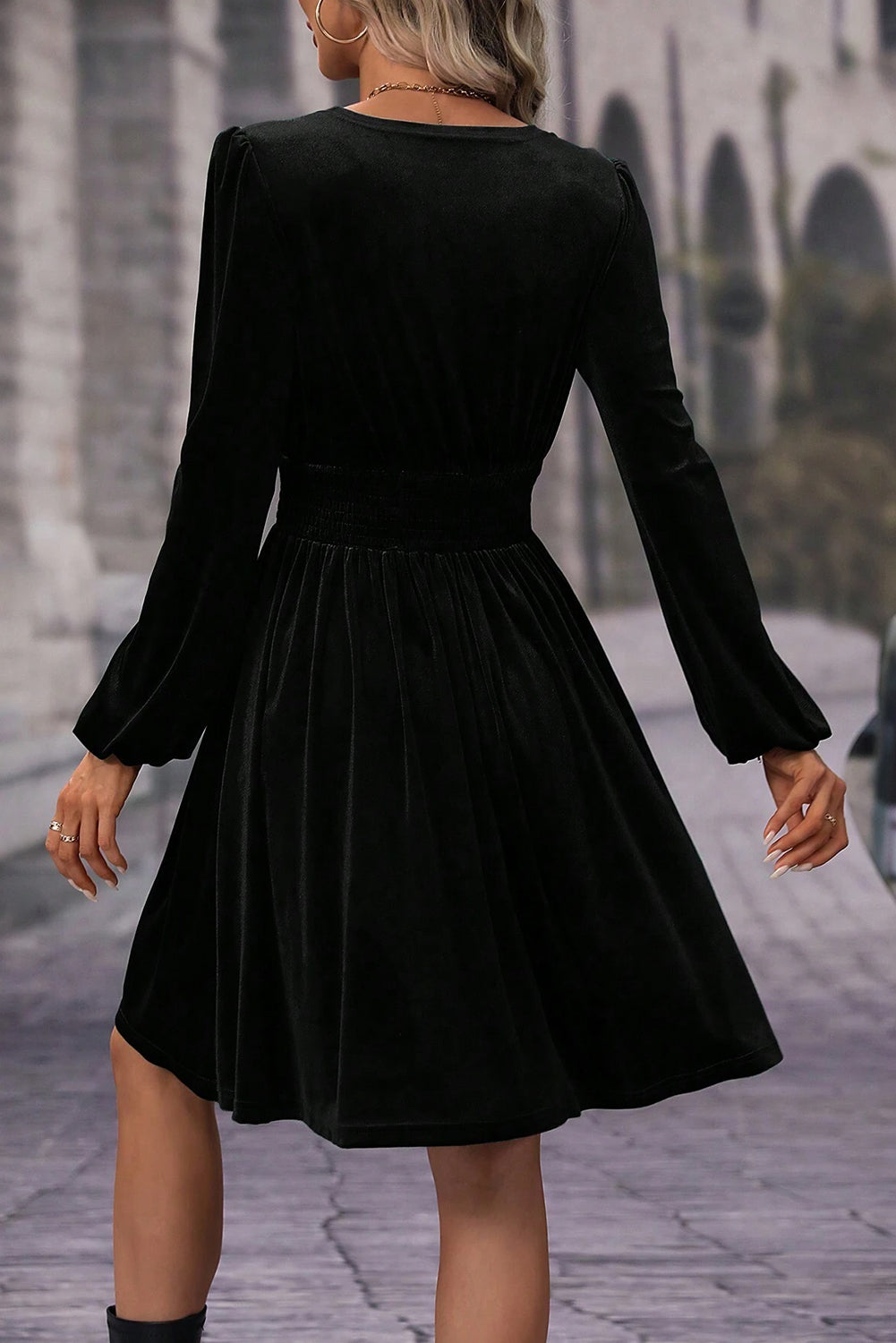 Black Velvet Long Sleeve Surplice High Waist Mini Dress - Premium Dresses/Mini Dresses from Momma Done Gone Crafty- Just $29.10! Shop now at Momma Done Gone Crafty
