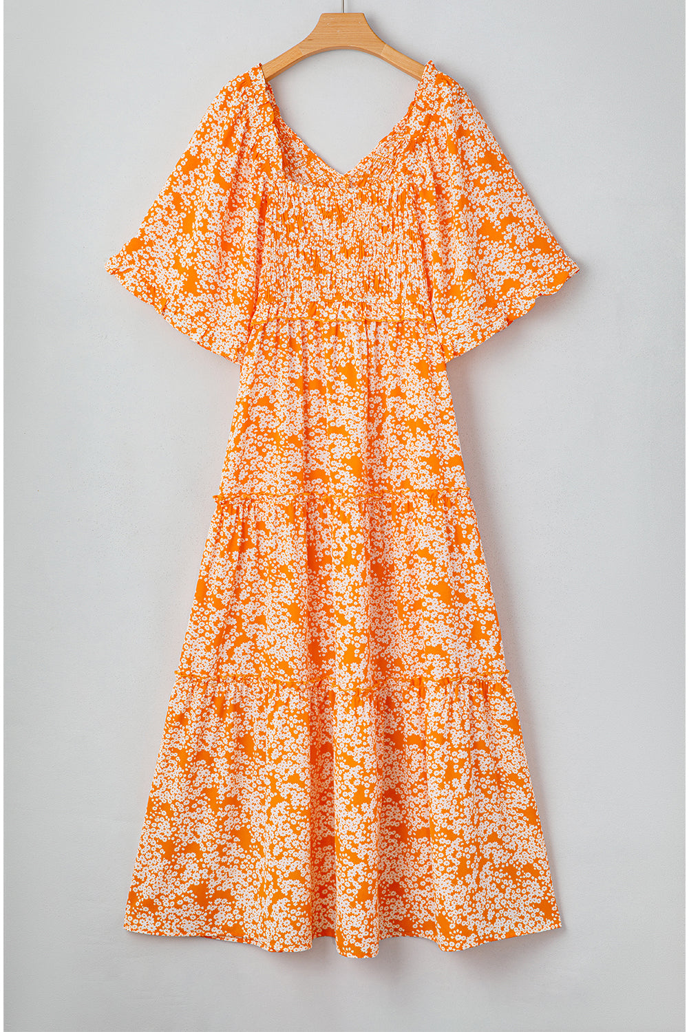 Orange Floral Print Smocked V Neck Wide Sleeve Maxi Dress - Premium Dresses/Floral Dresses from Momma Done Gone Crafty- Just $55.99! Shop now at Momma Done Gone Crafty