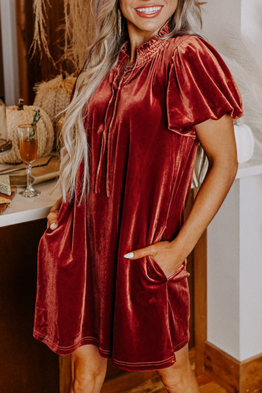 Cinnamon Velvet Smocked Neckline Puff Sleeve Shift Mini Dress - Premium Dresses/Mini Dresses from Ashes 2 Wildflowers Boutique, LLC- Just $48.99! Shop now at Ashes 2 Wildflowers Boutique, LLC