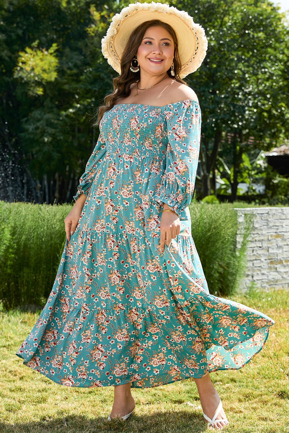 Green Plus Size Floral Print Square Neck Smocked Maxi Dress - Premium Plus Size/Plus Size Dresses/Plus Size Maxi Dresses from Momma Done Gone Crafty- Just $49.95! Shop now at Momma Done Gone Crafty