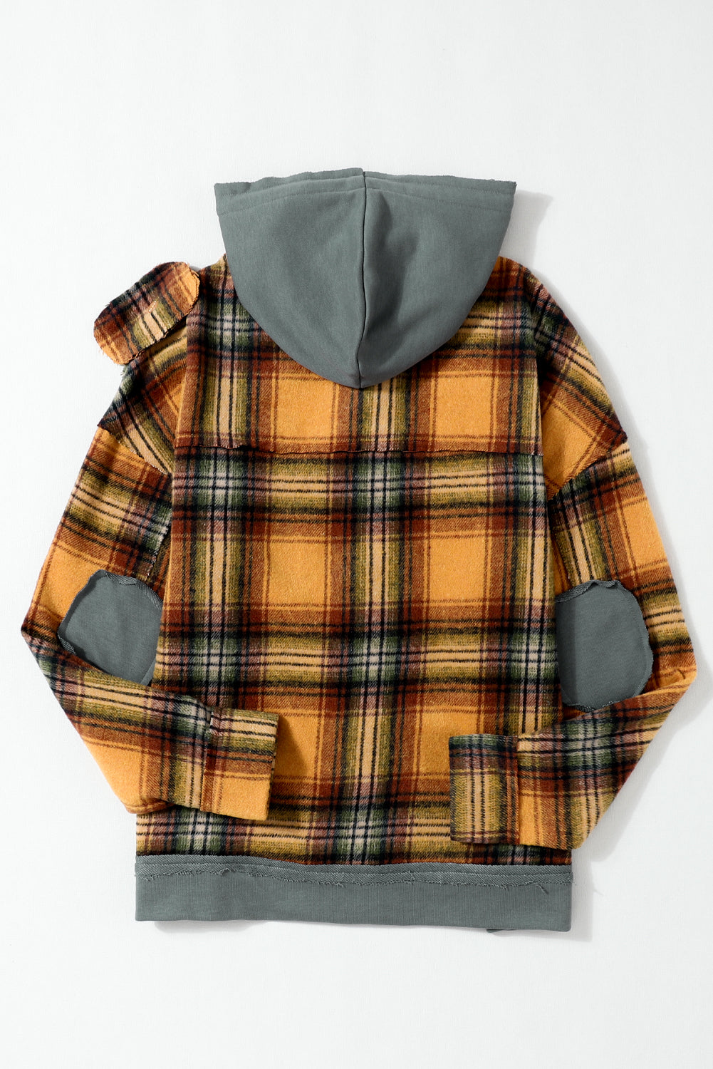 Orange Plaid Patch Hooded Frayed Snap Button Jacket - Premium Outerwear from Momma Done Gone Crafty- Just $52.62! Shop now at Momma Done Gone Crafty