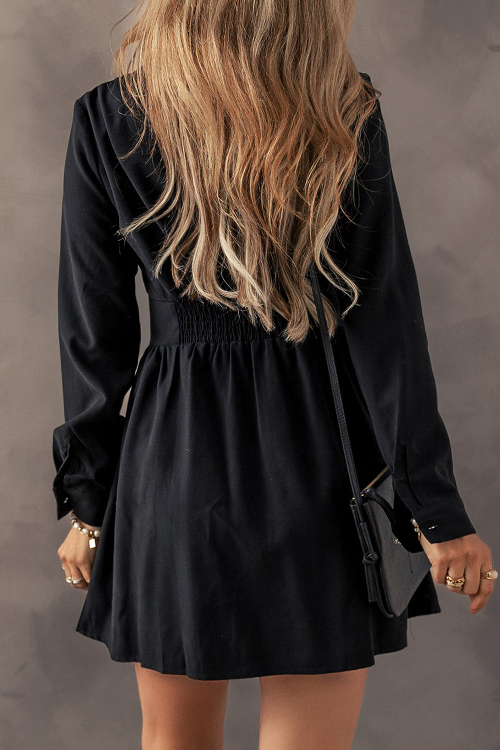 Black Elastic Cinched High Waist Long Sleeve Shirt Mini Dress - Premium Dresses/Mini Dresses from Momma Done Gone Crafty- Just $49.05! Shop now at Momma Done Gone Crafty