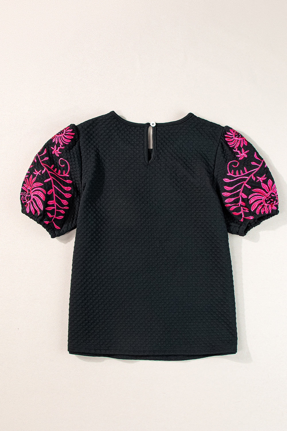 Black Floral Embroidered Textured Puff Sleeve T Shirt - Premium Tops/Tops & Tees from Momma Done Gone Crafty- Just $23.16! Shop now at Momma Done Gone Crafty