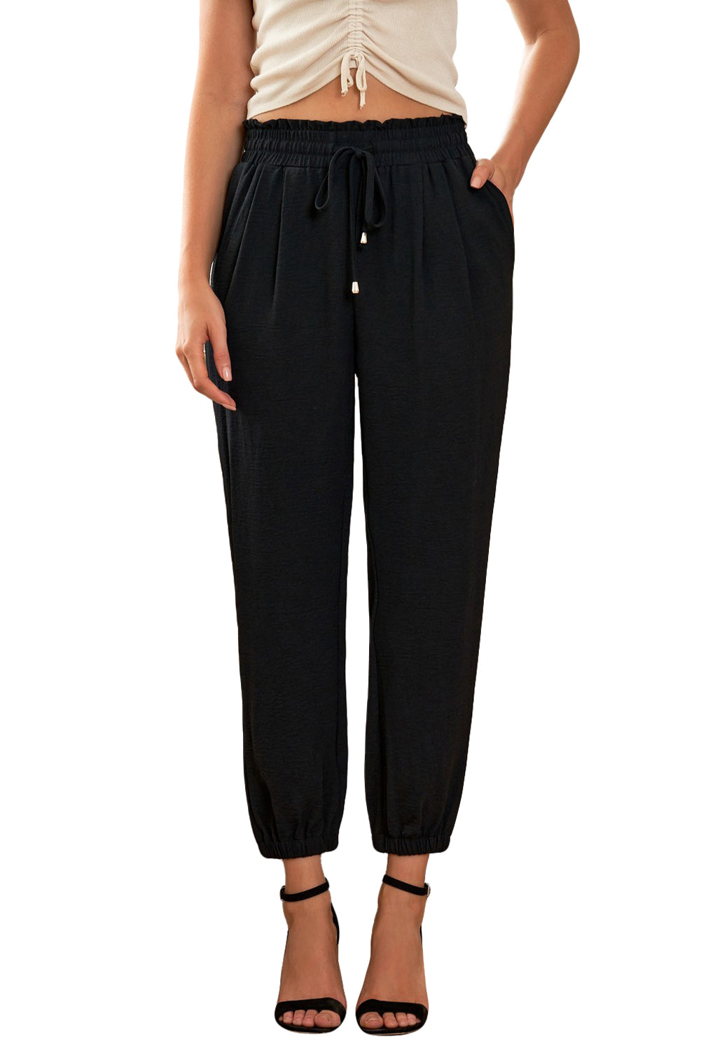 Black Solid Color Drawstring Smocked Waist Joggers - Premium Bottoms from Momma Done Gone Crafty- Just $47.40! Shop now at Momma Done Gone Crafty