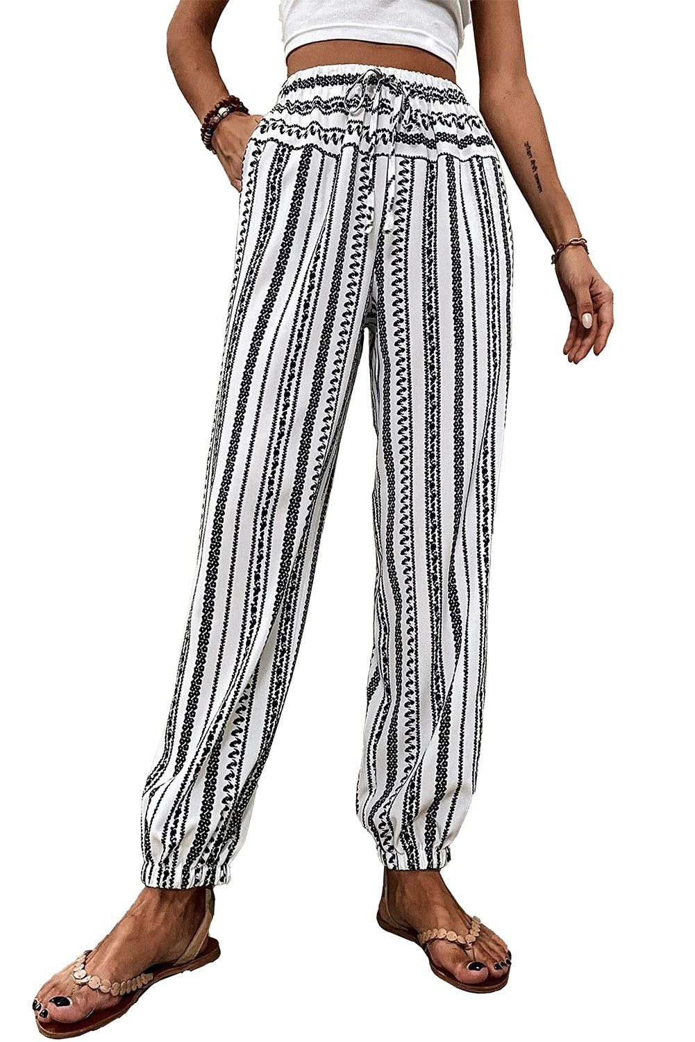 Black Stripe Boho Striped Print Casual Pants - Premium Bottoms/Pants & Culotte from Momma Done Gone Crafty- Just $26.10! Shop now at Momma Done Gone Crafty