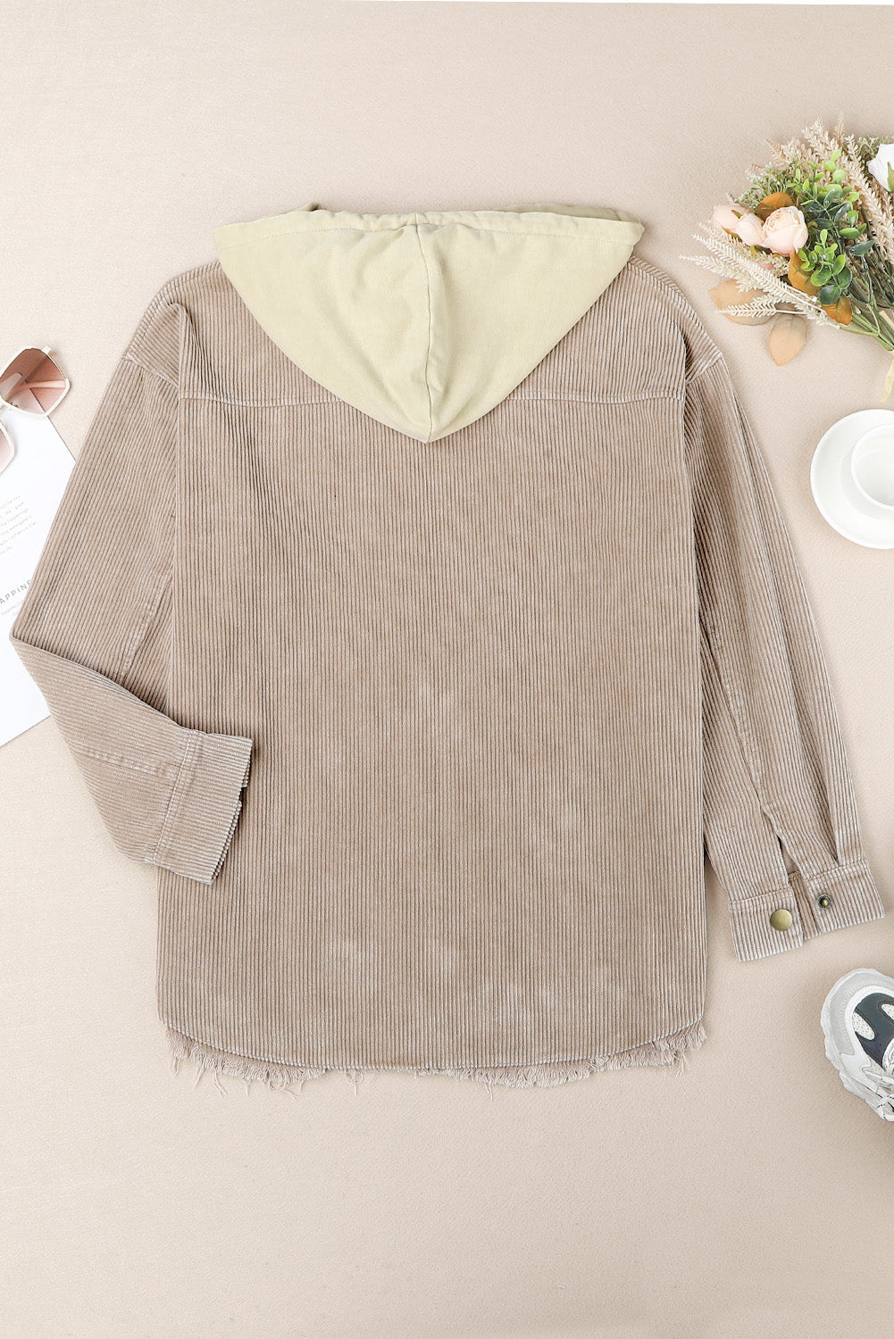 Khaki Patchwork Hooded Corduroy Shacket - Premium Outerwear from Momma Done Gone Crafty- Just $53.94! Shop now at Momma Done Gone Crafty