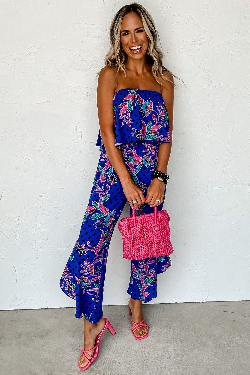 Blue Mix Tropical Print Strapless Ruffled Jumpsuit - Premium Bottoms/Jumpsuits & Rompers from Momma Done Gone Crafty- Just $24.48! Shop now at Momma Done Gone Crafty