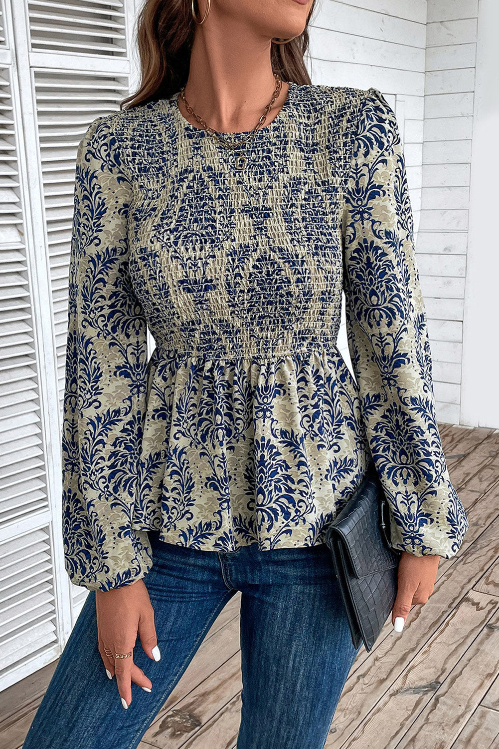 Sky Blue Boho Printed Balloon Sleeve Smocked Peplum Blouse - Premium Tops/Blouses & Shirts from Ashes 2 Wildflowers Boutique, LLC- Just $23.73! Shop now at Ashes 2 Wildflowers Boutique, LLC