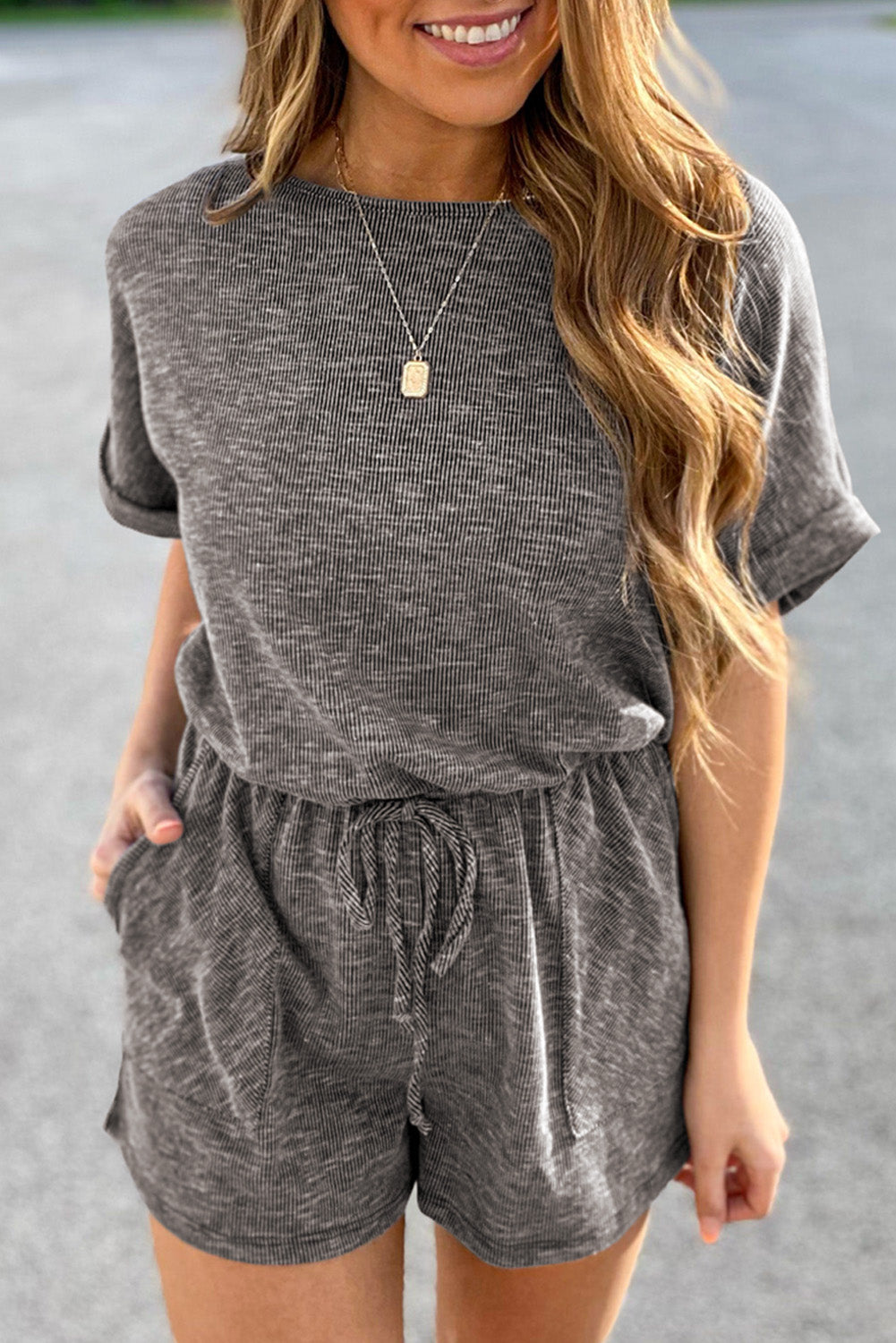 Gray Ribbed Elastic Waist Romper - Premium Bottoms/Jumpsuits & Rompers from Momma Done Gone Crafty- Just $26.10! Shop now at Momma Done Gone Crafty