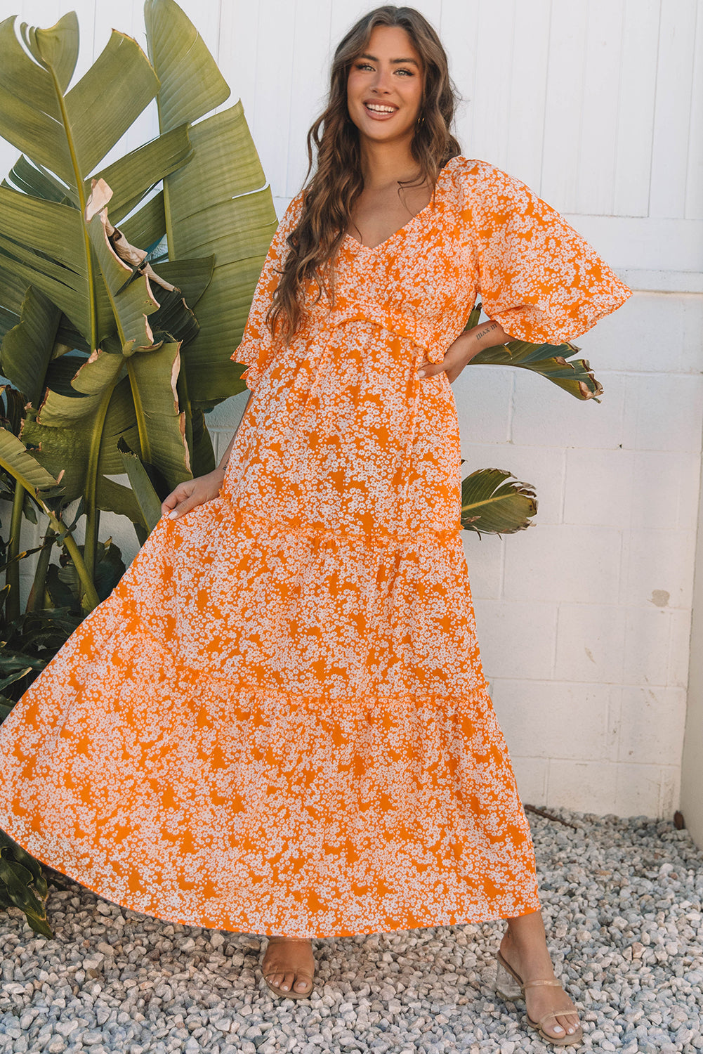 Orange Floral Print Smocked V Neck Wide Sleeve Maxi Dress - Premium Dresses/Floral Dresses from Momma Done Gone Crafty- Just $55.99! Shop now at Momma Done Gone Crafty