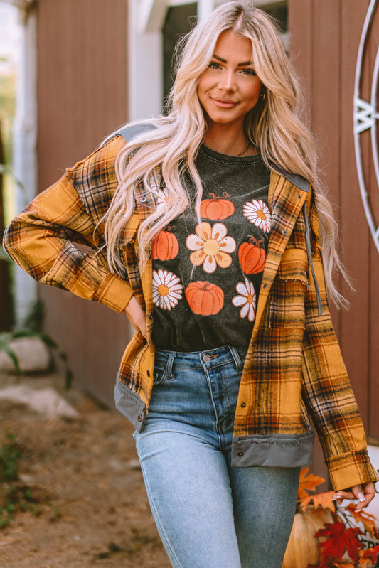 Orange Plaid Patch Hooded Frayed Snap Button Jacket - Premium Outerwear from Momma Done Gone Crafty- Just $52.62! Shop now at Momma Done Gone Crafty