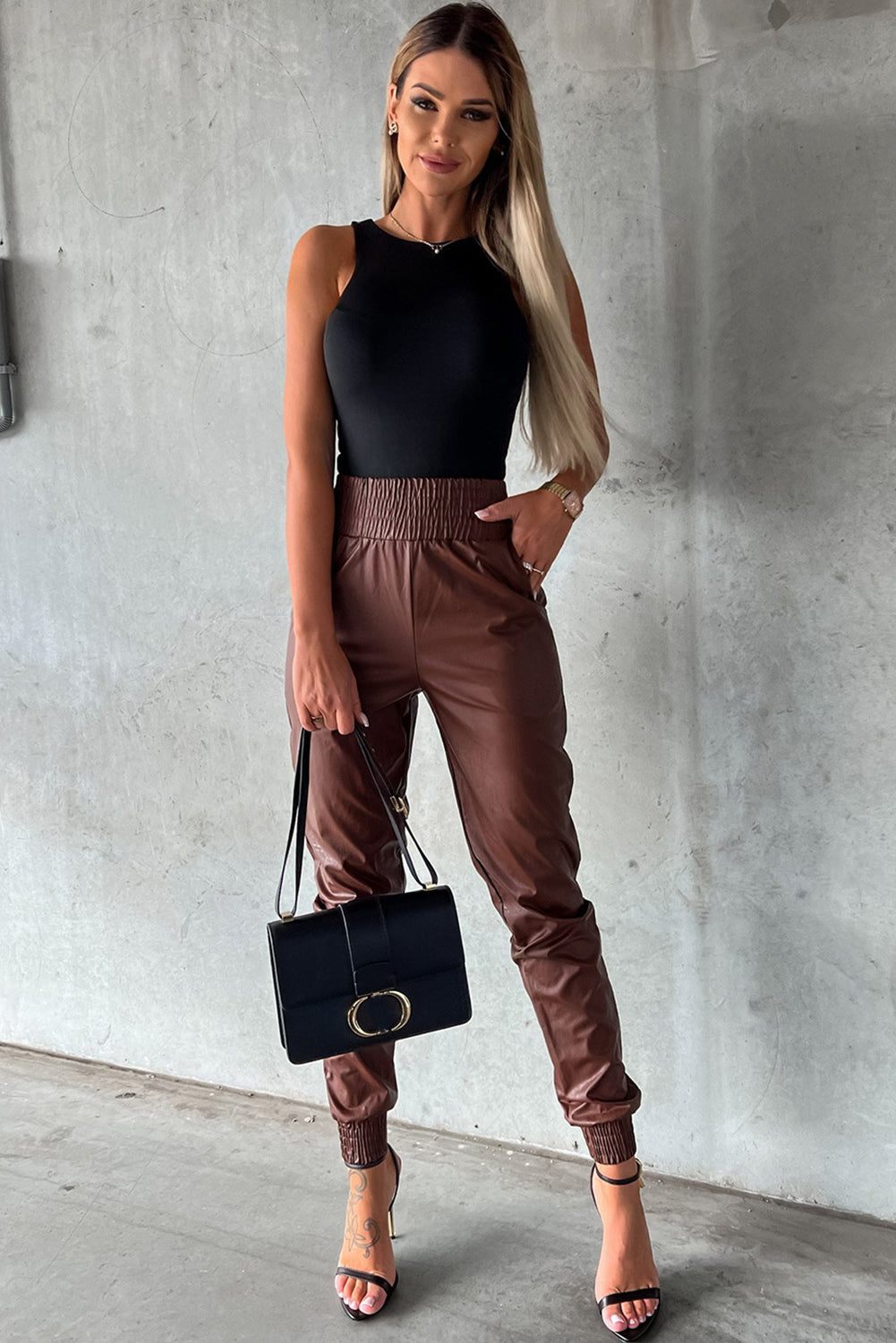 Brown Smocked High-Waist Leather Skinny Pants - Premium Bottoms from Momma Done Gone Crafty- Just $58.71! Shop now at Momma Done Gone Crafty