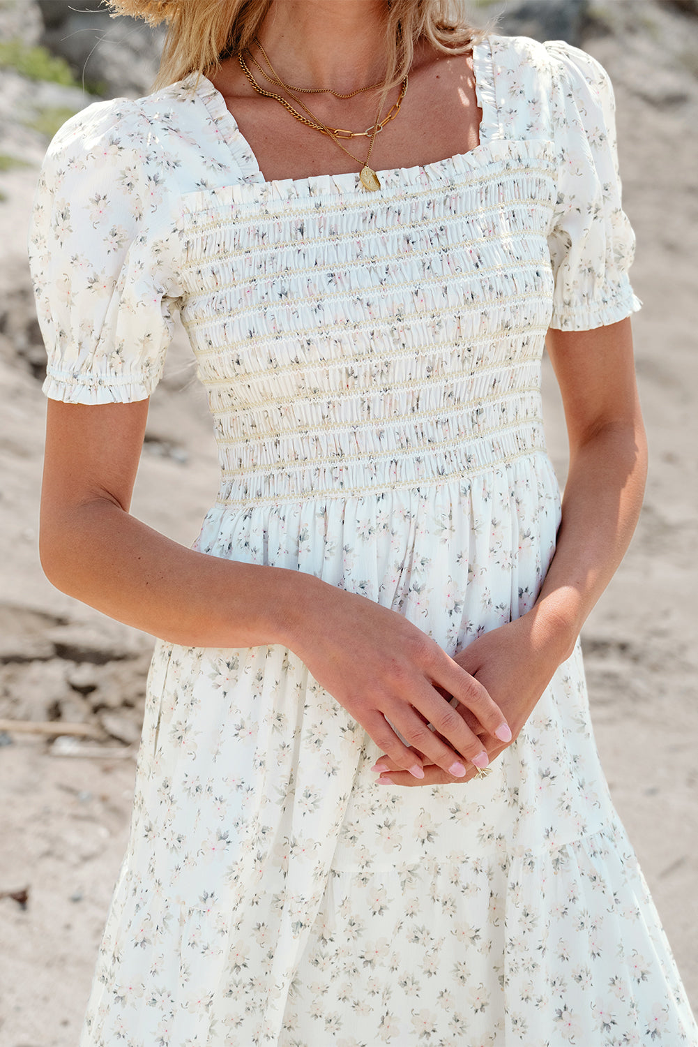 White Frilly Shirred Bodice Tiered Floral Maxi Dress - Premium Dresses/Maxi Dresses from Ashes 2 Wildflowers Boutique, LLC- Just $43.75! Shop now at Ashes 2 Wildflowers Boutique, LLC