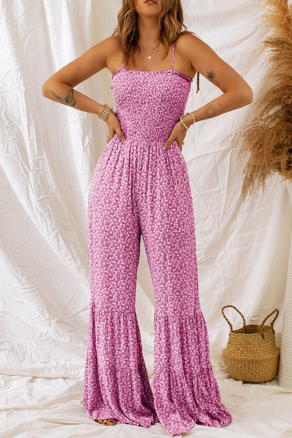 Phalaenopsis Thin Straps Smocked Bodice Wide Leg Floral Jumpsuit - Premium Bottoms/Jumpsuits & Rompers from Momma Done Gone Crafty- Just $32.13! Shop now at Momma Done Gone Crafty