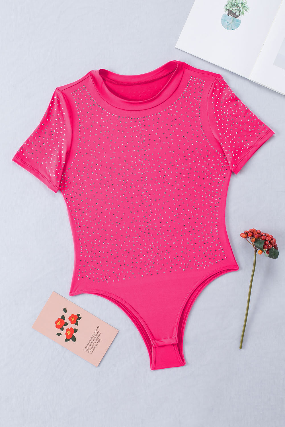 Rose Rhinestone Allover Round Neck Short Sleeve Bodysuit - Premium Tops from Momma Done Gone Crafty- Just $52.20! Shop now at Momma Done Gone Crafty