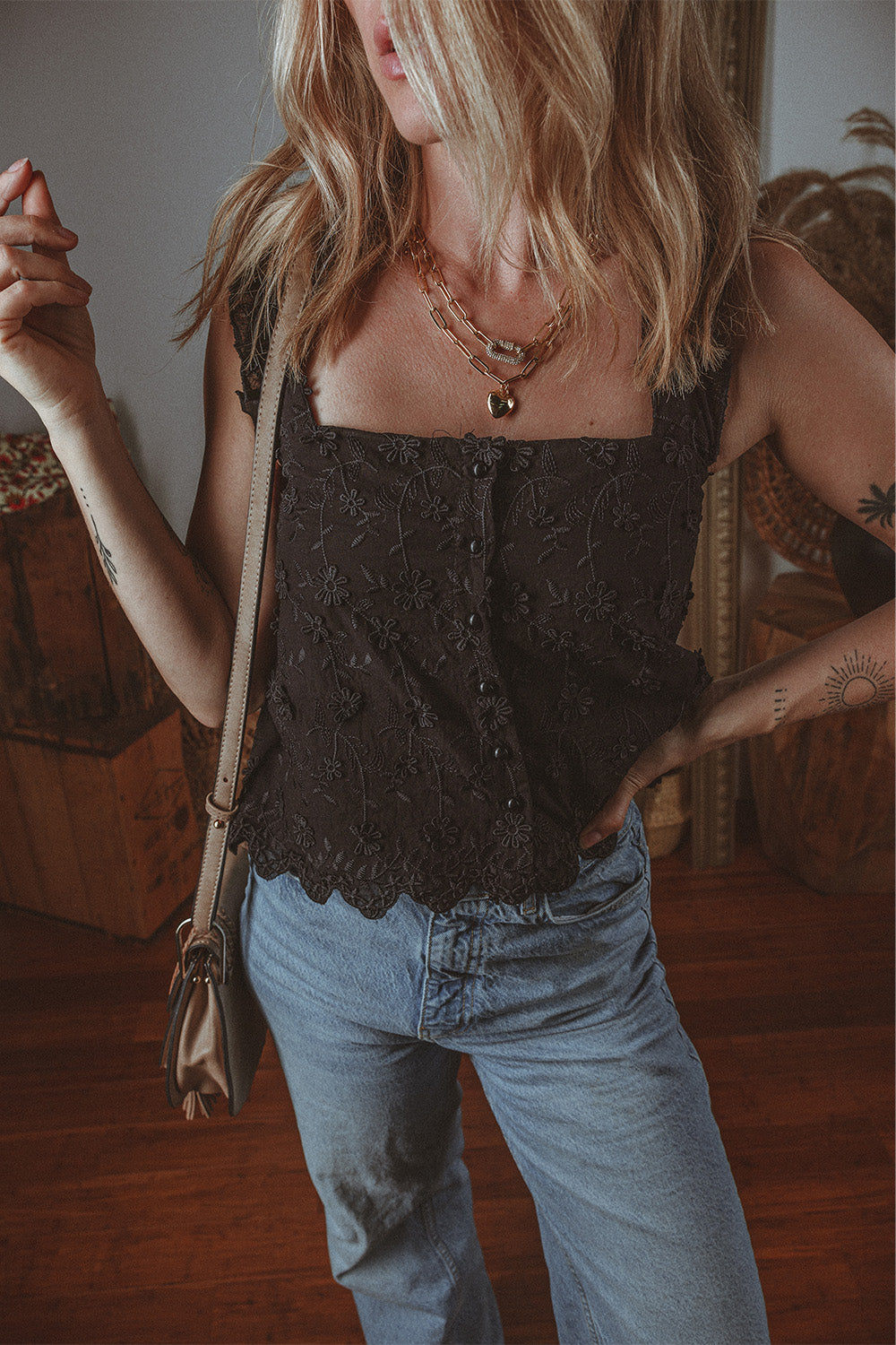 Black Floral Embroidered Buttoned Square Neck Tank Top - Premium Tops/Tank Tops from Ashes 2 Wildflowers Boutique, LLC- Just $21.93! Shop now at Ashes 2 Wildflowers Boutique, LLC