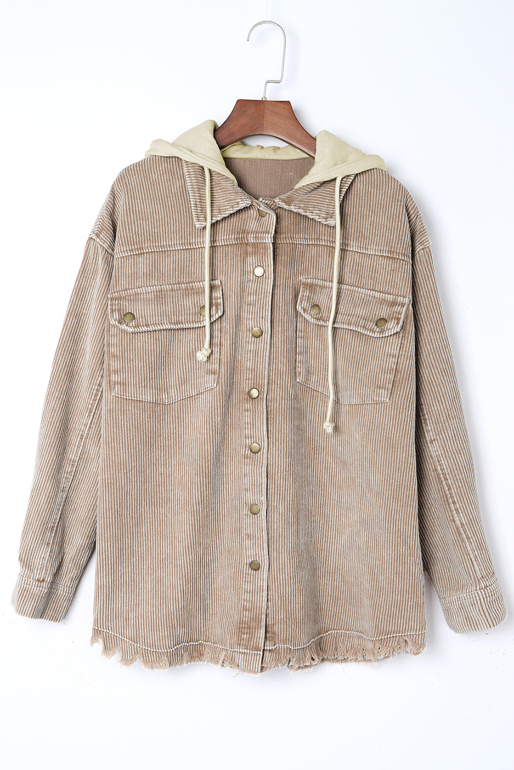 Khaki Patchwork Hooded Corduroy Shacket - Premium Outerwear from Momma Done Gone Crafty- Just $53.94! Shop now at Momma Done Gone Crafty