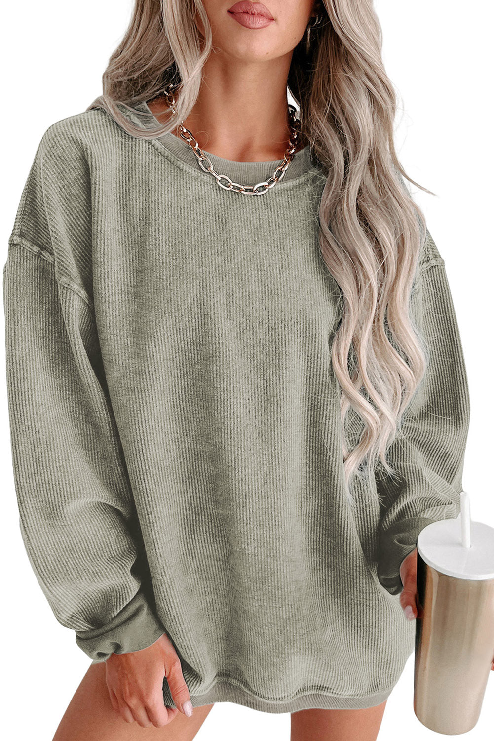 Green Solid Ribbed Knit Round Neck Pullover Sweatshirt - Premium Tops from Momma Done Gone Crafty- Just $44.99! Shop now at Momma Done Gone Crafty