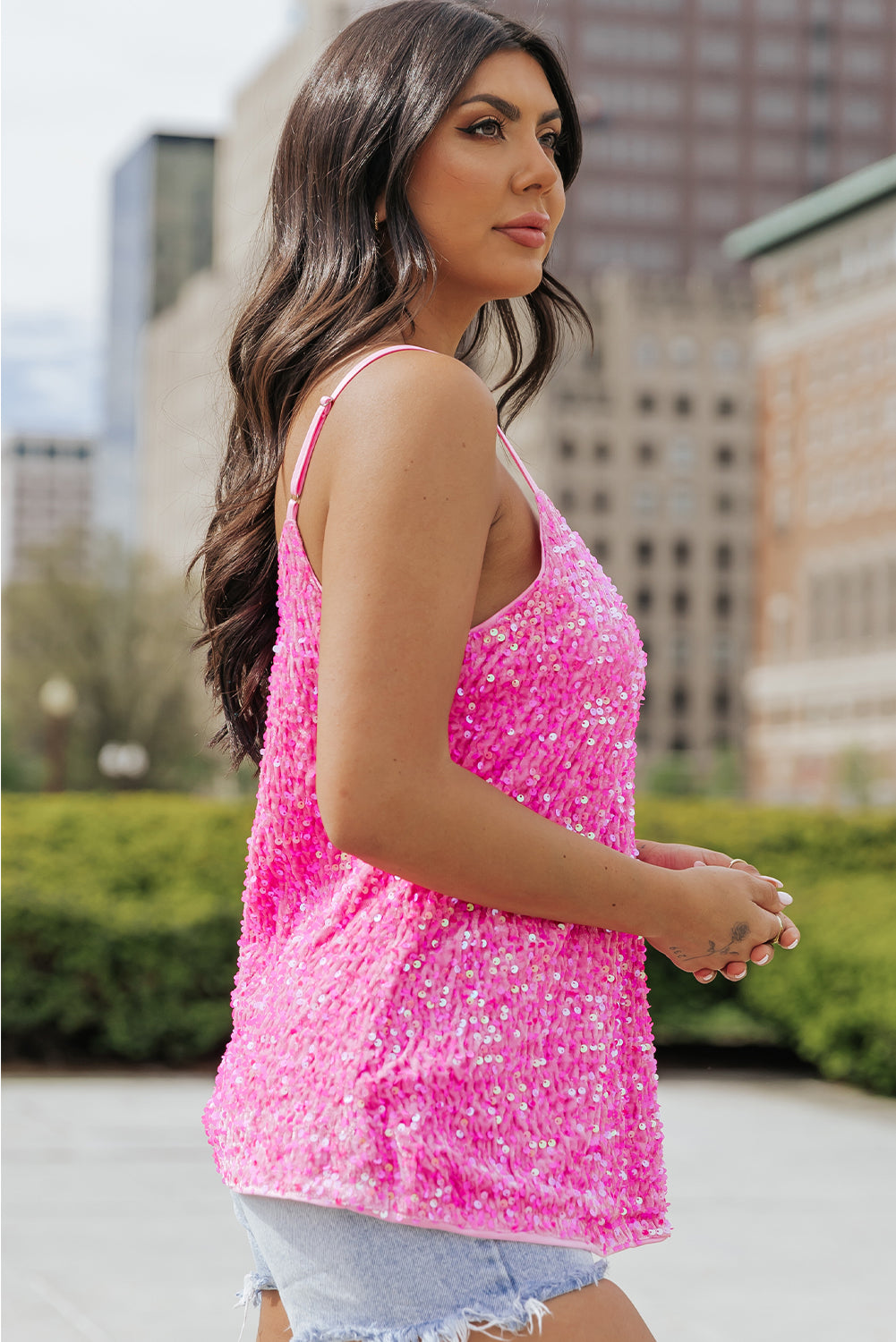 Pink Sequin Adjustable Straps Tank Top - Premium Tops from Momma Done Gone Crafty- Just $48.60! Shop now at Momma Done Gone Crafty