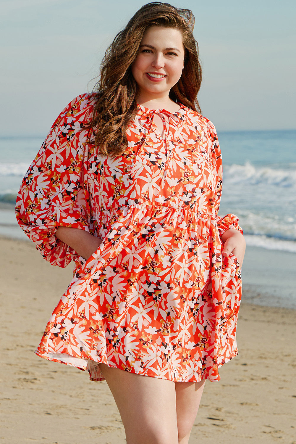 Orange Floral Print Split V Neck Bubble Sleeve Plus Size Midi Dress - Premium Plus Size/Plus Size Dresses/Plus Size Midi Dresses from Momma Done Gone Crafty- Just $38.70! Shop now at Momma Done Gone Crafty