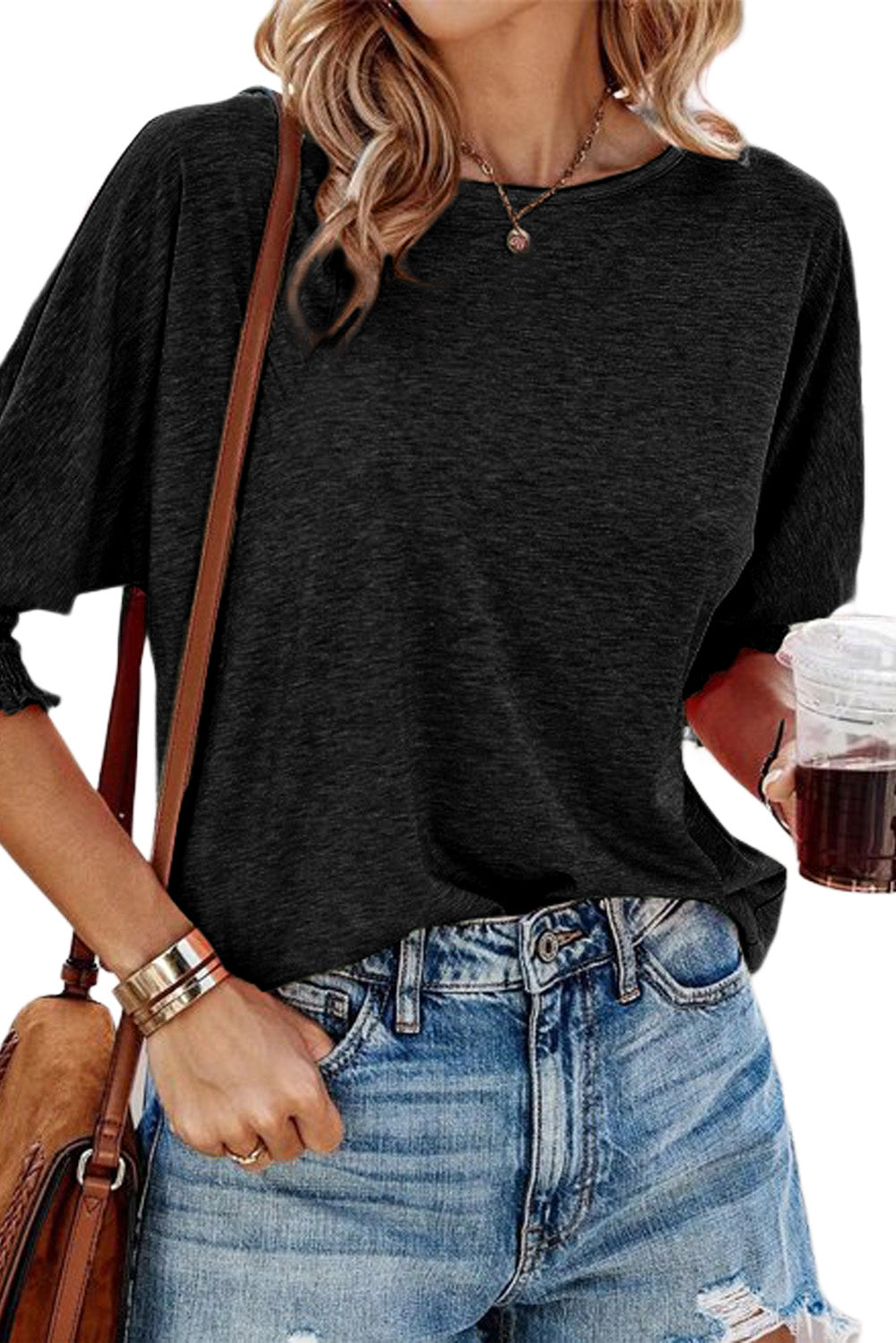 Black Smocked 3/4 Sleeve Casual Loose Top - Premium Tops from Momma Done Gone Crafty- Just $57! Shop now at Momma Done Gone Crafty