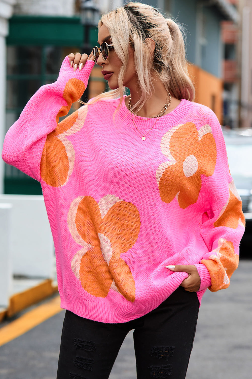 Flower Pattern Slouchy Sweater - Premium Tops from Momma Done Gone Crafty- Just $37.23! Shop now at Momma Done Gone Crafty